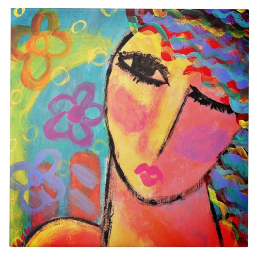 Zomerbloemen Abstract Portret van een vrouw Tegeltje (Voorkant)