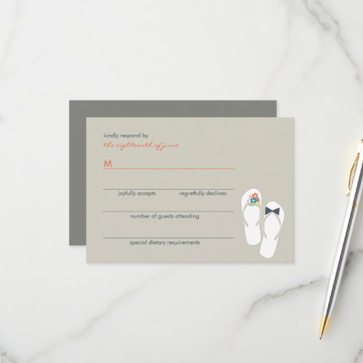 Zomerbloemen bruid & bruidegom Teenslippers bruilo RSVP Kaartje (Voorkant / Achterkant in situ)