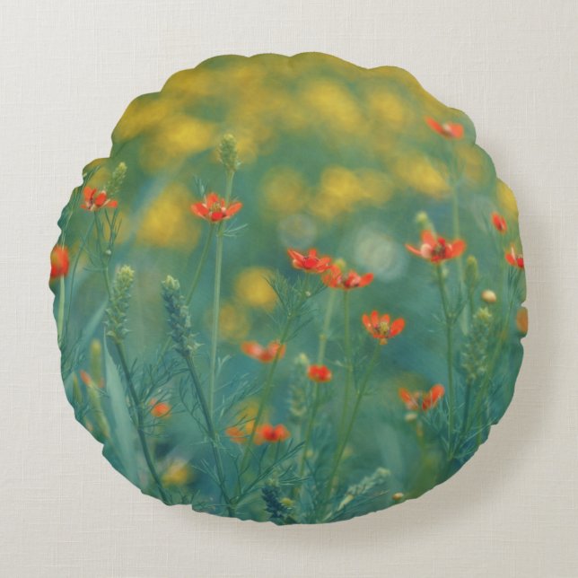 zomerbloemen (Floral Field) (Rode bloemen) Rond Kussen (Voorkant)