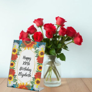 Zomerbloemen geometrisch in de achtertuin reclamebord met voetstuk