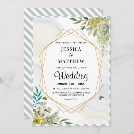Zomerbloemen Gouden Lijst Bruiloft Kaart (Voorkant / Achterkant)