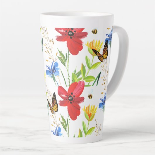  zomerbloemen met Waterverf Butterflies Latte Mok (Rechterhoek)