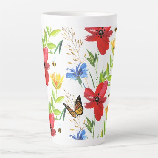 zomerbloemen met Waterverf Butterflies Latte Mok (Voorkant)