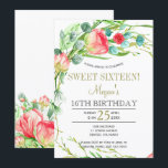 Zomerbloemen sierlijke rozen tuin zoet zestien kaart<br><div class="desc">Floral classy style sweet sixteen / 16e verjaardagsfeest uitnodiging sjabloon op een heldere witte (veranderlijke) achtergrond met blush roze en koraal rode rozen met salie groen en blauwgroen blauw gebladerte en gouden typografie script. Personaliseer het met je gegevens! U kunt ervoor kiezen om het aan te passen door de lettertypen...</div>