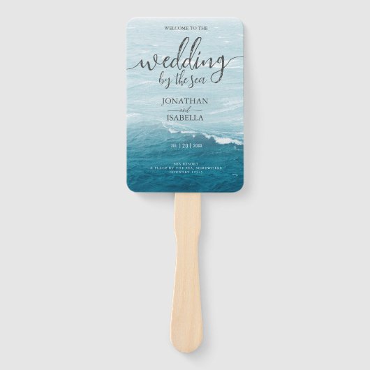 Zomerbruiloft door de blauw golvende zee ombre oce handwaaier (Voorkant)