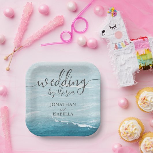 Zomerbruiloft door de blauw golvende zee ombre oce papieren bordje (Feest)