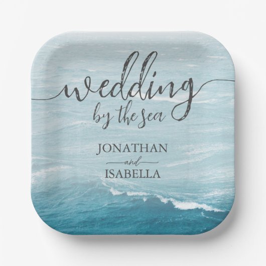 Zomerbruiloft door de blauw golvende zee ombre oce papieren bordje (Voorkant)