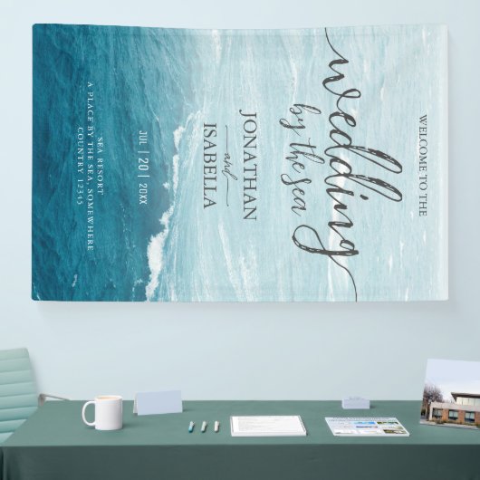 Zomerbruiloft door de blauw golvende zee ombre oce spandoek (Beurs)