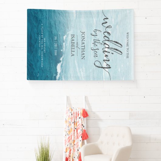 Zomerbruiloft door de blauw golvende zee ombre oce spandoek (Insitu)