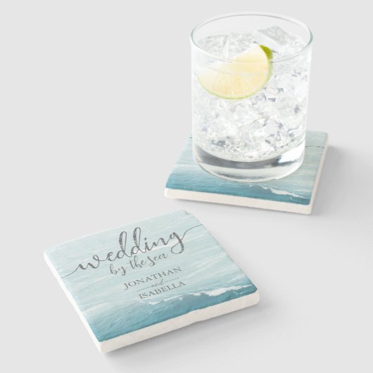 Zomerbruiloft door de blauw golvende zee ombre oce stenen onderzetter (Zijkant)