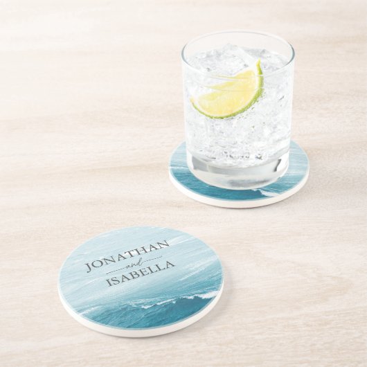 Zomerbruiloft door de blauw golvende zee ombre oce zandsteen onderzetter (Zijkant)