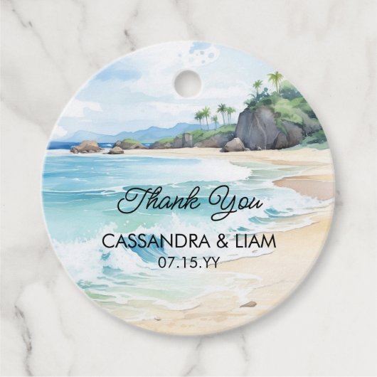 Zomerbruiloft Waterverf Tropisch strandlandschap Bedankjes Labels (Voorkant)