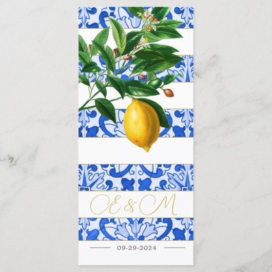 Zomercitroenen Blauw Wit Tegels Monogram Menu (Achterkant)