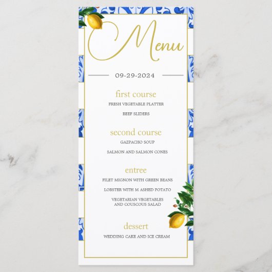 Zomercitroenen Blauw Wit Tegels Monogram Menu (Voorkant)