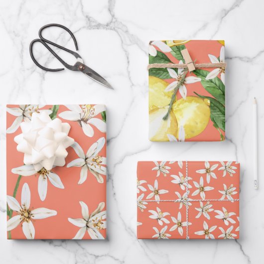 Zomercitroenen bloesempatronen op sinaasappel inpakpapier vel (Voorkant)