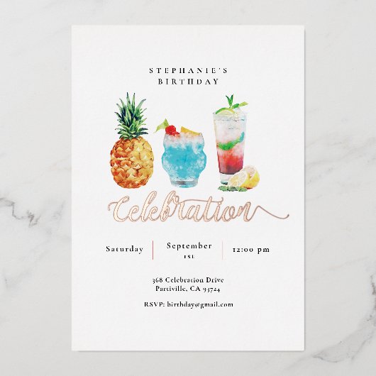 Zomerfeest Blue Cocktail Verjaardagsfeest Folie Uitnodiging (Voorkant)