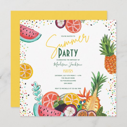 Zomerfeest gele tropische fruit uitnodiging (Voorkant / Achterkant)