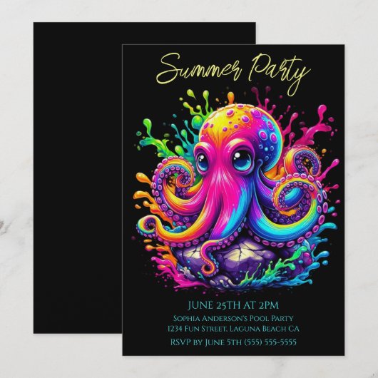 Zomerfeest - Kleurrijke Octopus splash uitnodiging (Voorkant / Achterkant)
