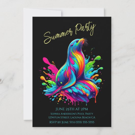 Zomerfeest - Kleurrijke Zee Leeuw splash uitnodigi Kaart (Voorkant)