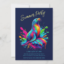 Zomerfeest - Kleurrijke Zee Leeuw splash uitnodigi