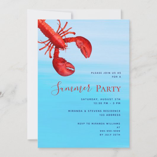 Zomerfeest rode kreeft blauw zee strand kaart (Voorkant)