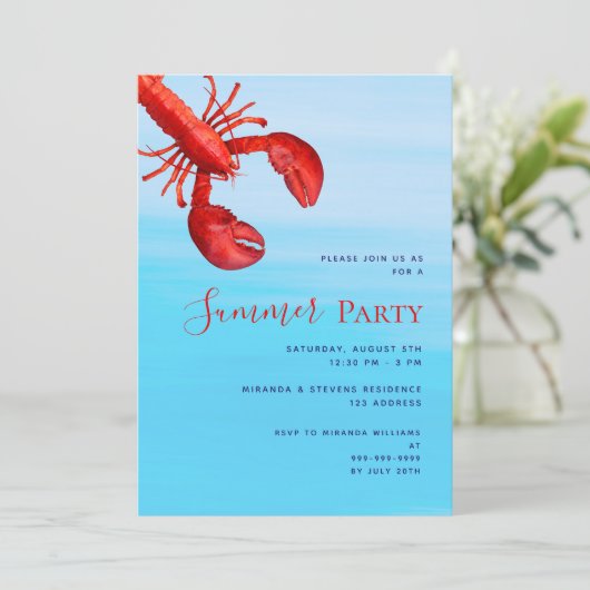 Zomerfeest rode kreeft blauw zee strand kaart (Staand voorkant)