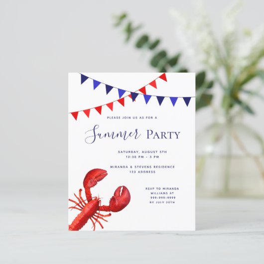 Zomerfeest rode kreeft blauwe budget uitnodiging (Staand voorkant)