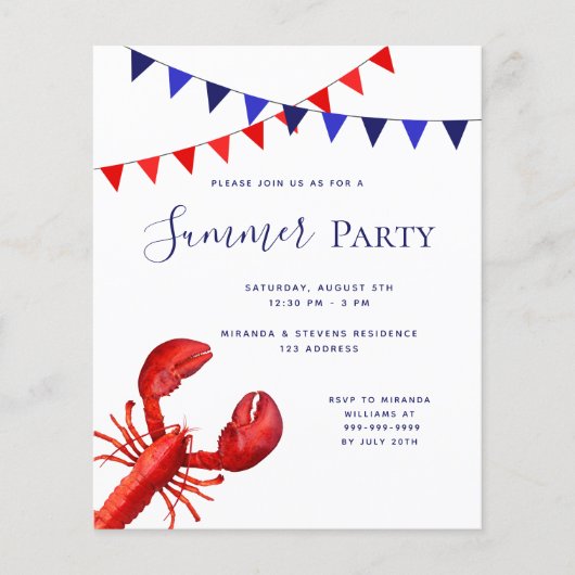 Zomerfeest rode kreeft blauwe budget uitnodiging (Voorkant)