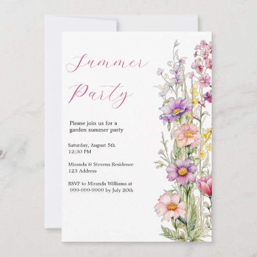 Zomerfeest tuin bloemen roze paarse kaart (Voorkant)