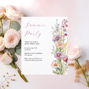 Zomerfeest tuin bloemen roze paarse uitnodiging