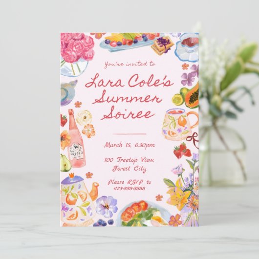 Zomerfeest Uitnodiging Handgetekend Eten Drank The (Staand voorkant)