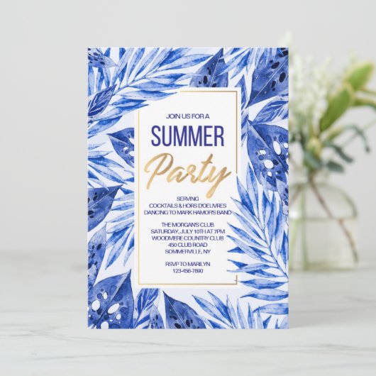 Zomerfeest uitnodiging in blauw (Staand voorkant)