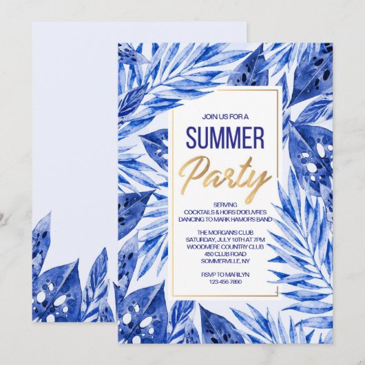 Zomerfeest uitnodiging in blauw (Voorkant / Achterkant)