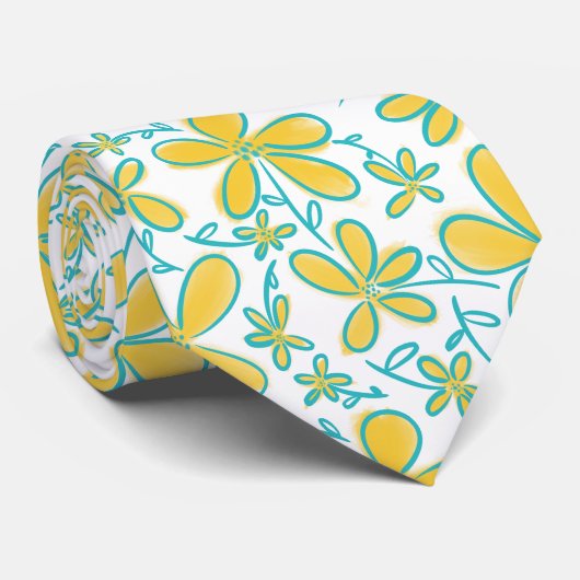 zomergeel en turquoise bloempatroon stropdas (Opgerold)