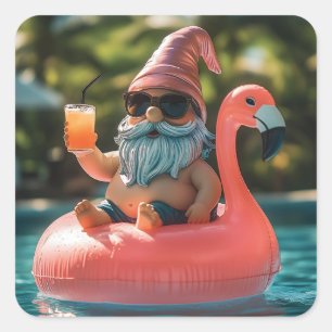 Zomergnoom in zonnebril op Flamingo Float Vierkante Sticker