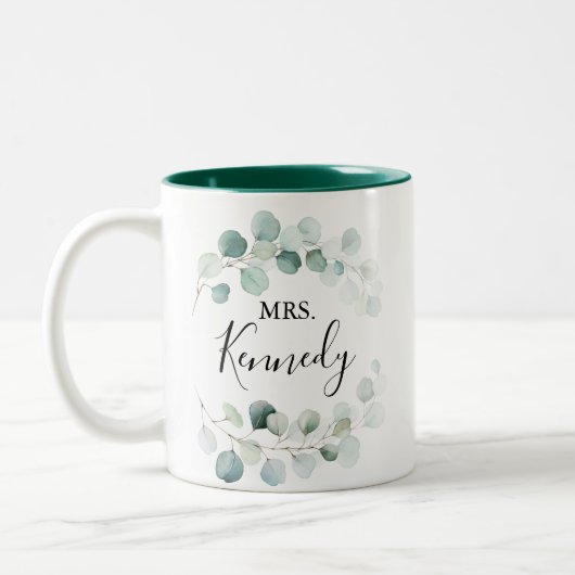 Zomergroen Eucalyptus gebladerte Mrs. Pas getrouwd Tweekleurige Koffiemok (Links)