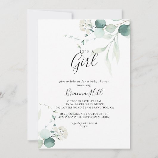 Zomergroene eucalyptus Het is een meisje Baby show Kaart (Voorkant)