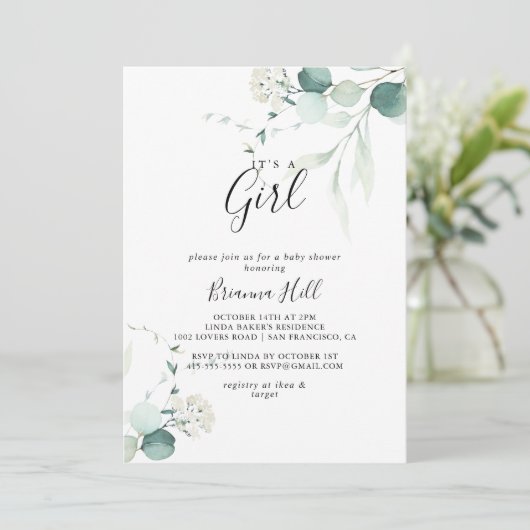 Zomergroene eucalyptus Het is een meisje Baby show Kaart (Staand voorkant)