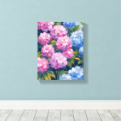 zomerhortensia's | Roze & Blauwe Kustbloemen Canvas Afdruk (Insitu (Houten vloer))
