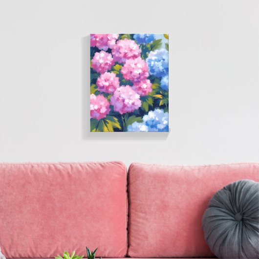zomerhortensia's | Roze & Blauwe Kustbloemen Canvas Afdruk (Insitu (Woonkamer))