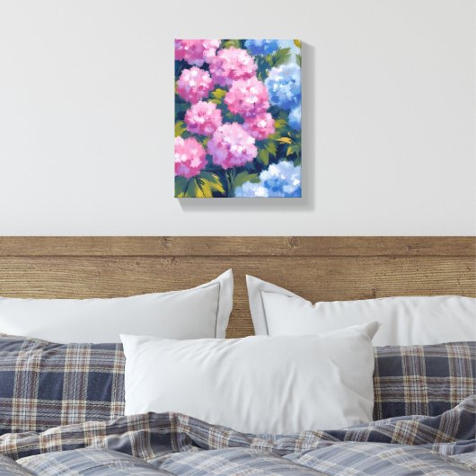 zomerhortensia's | Roze & Blauwe Kustbloemen Canvas Afdruk (Insitu (Slaapkamer))