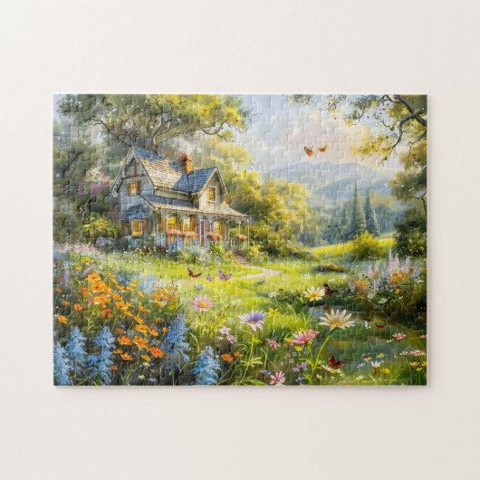 Zomerhuisje met bloemenweide legpuzzel (Horizontaal)