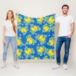 Zomerig Blauw en Geel Citroenen Bloemmotief Fleece Deken