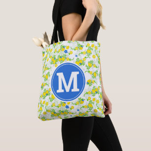 Zomerig Blauw en Geel Citroenen Bloempatroon Tote Bag