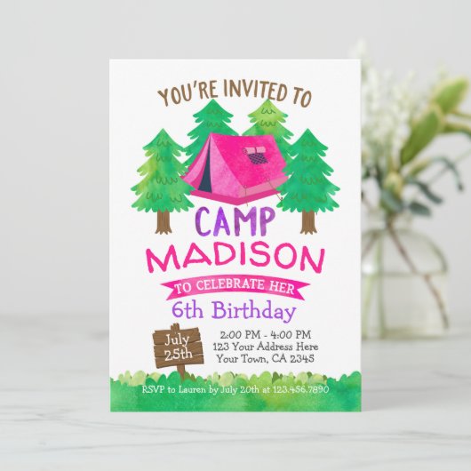Zomerkamp, Camping Verjaardag Uitnodiging (Staand voorkant)