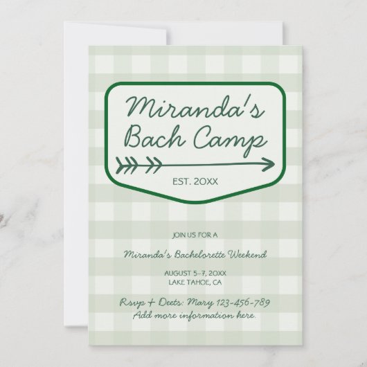 Zomerkamp Gingham Bachelorette Weekendschema Kaart (Voorkant)