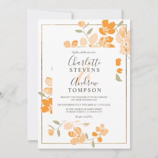 Zomerkoraal sinaasappel gouden bloemen waterverf b kaart (Voorkant)