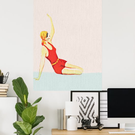 Zomerkunst Retro  Stijl Dame aan het Strand Poster (Thuiskantoor)