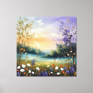 Zomerlandschap met wilde bloemen en bomen canvas afdruk