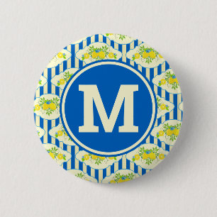Zomerlijk Blauw Gestreepte & Citroen en Bladeren P Ronde Button 5,7 Cm